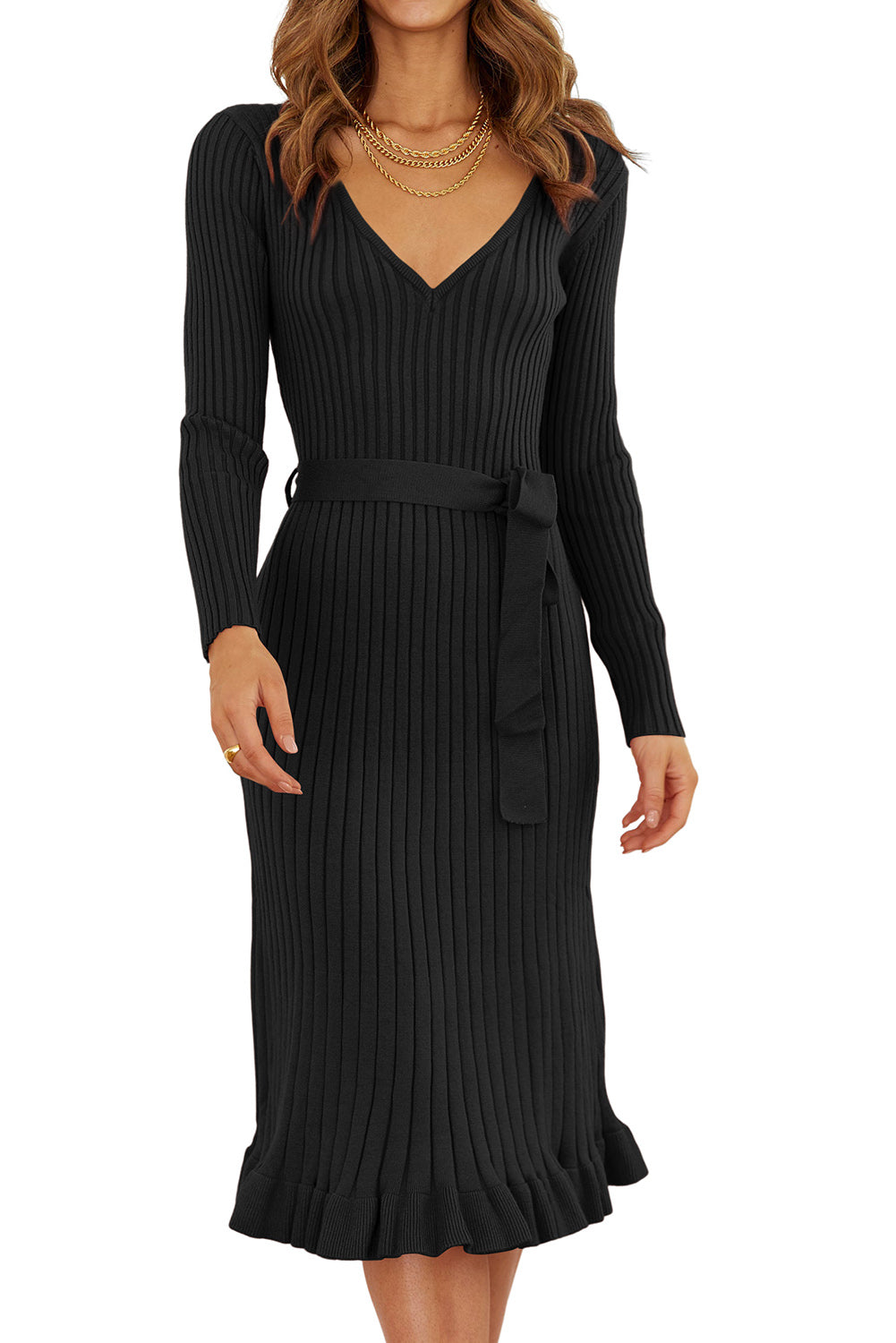 Black Ribbed V-Neck Belted Frilled Elegant Sweater Dress