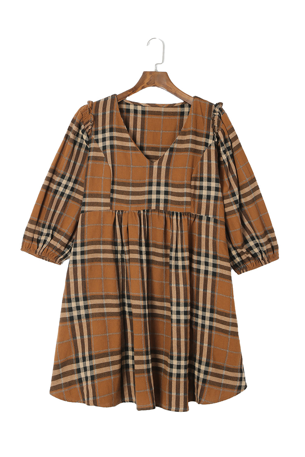 Brown Plaid Pattern Empire Waist Babydoll Dress