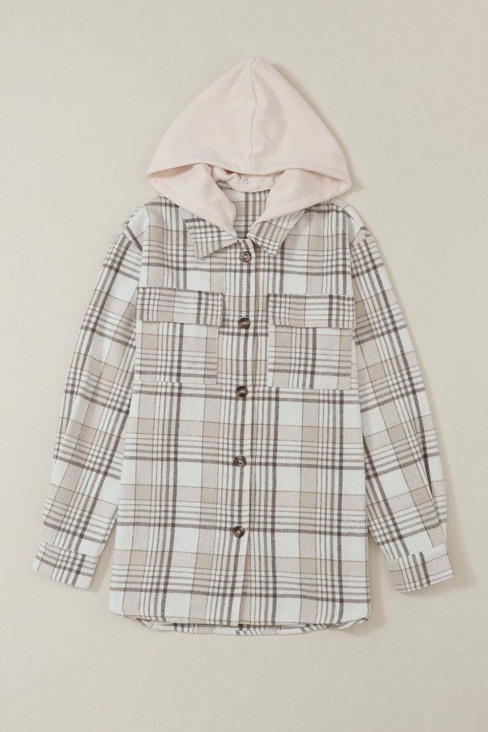 Khaki Plaid Removable Hood Buttoned Shacket