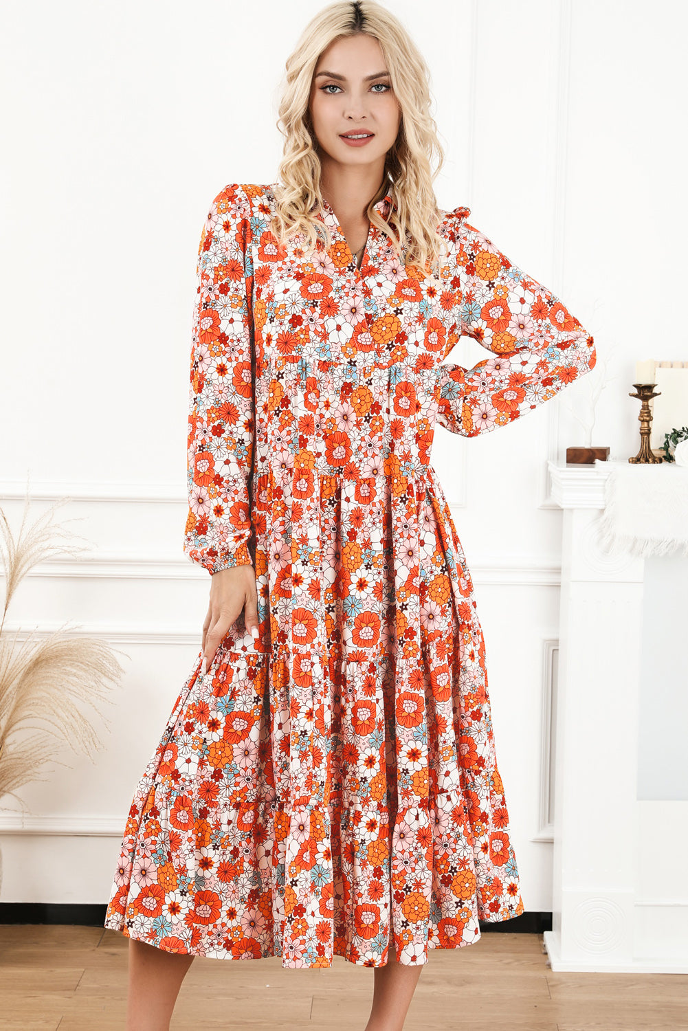 Multicolor Boho Floral Collared Long Sleeve Ruffled Dress