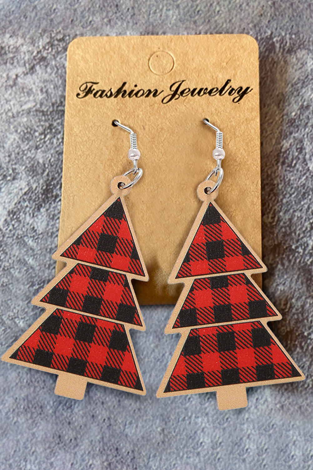 Fiery Red Plaid Christmas Tree Wooden Pendant Earrings