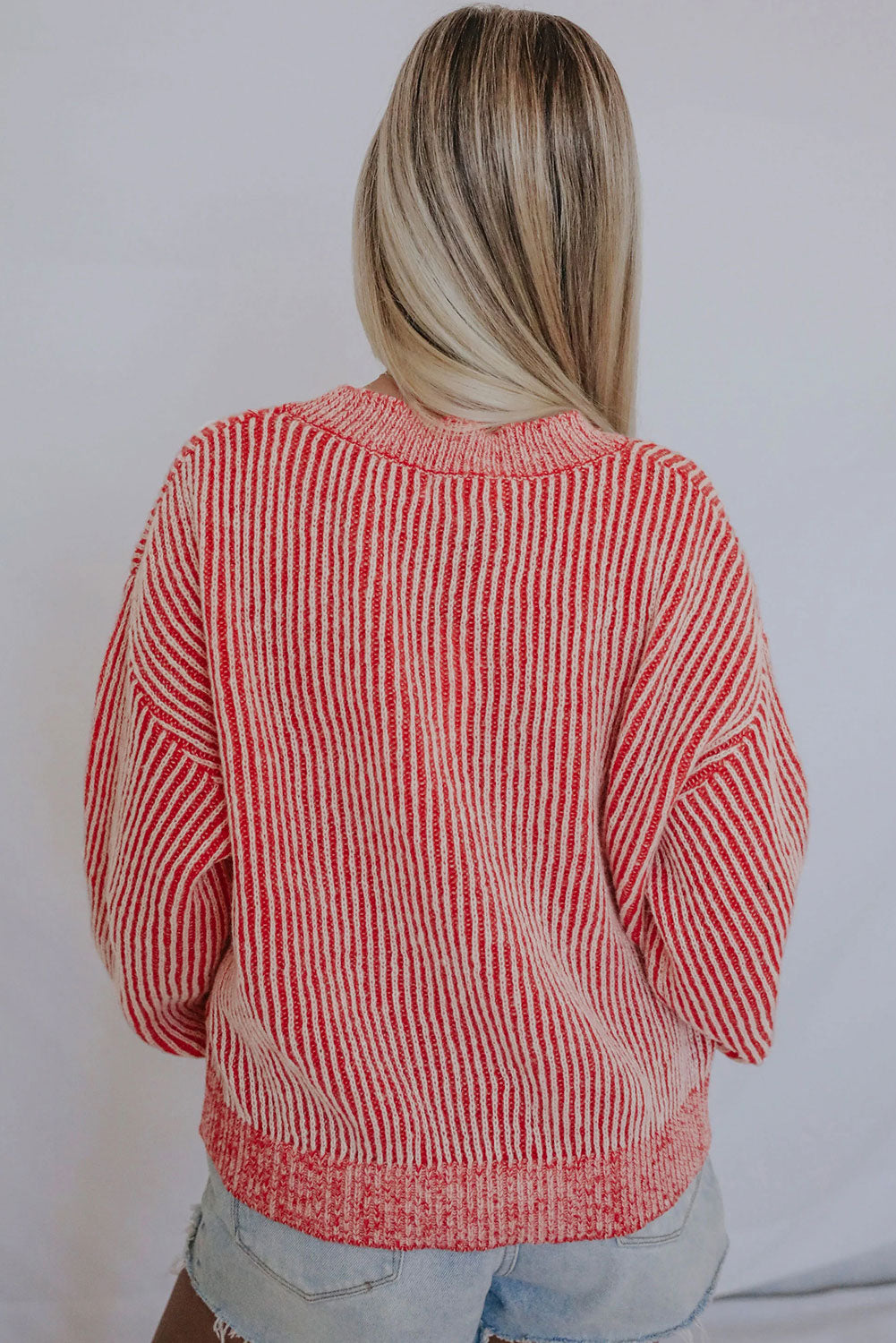 Striped Print Ribbed Trim Round Neck Sweater