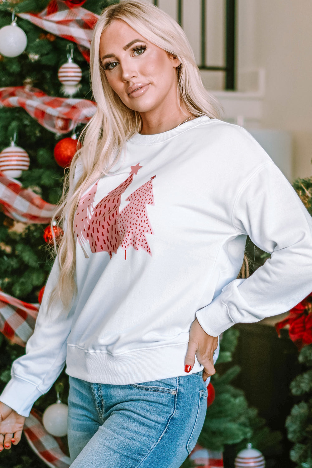 White Christmas Tree Dots Print Pullover Sweatshirt