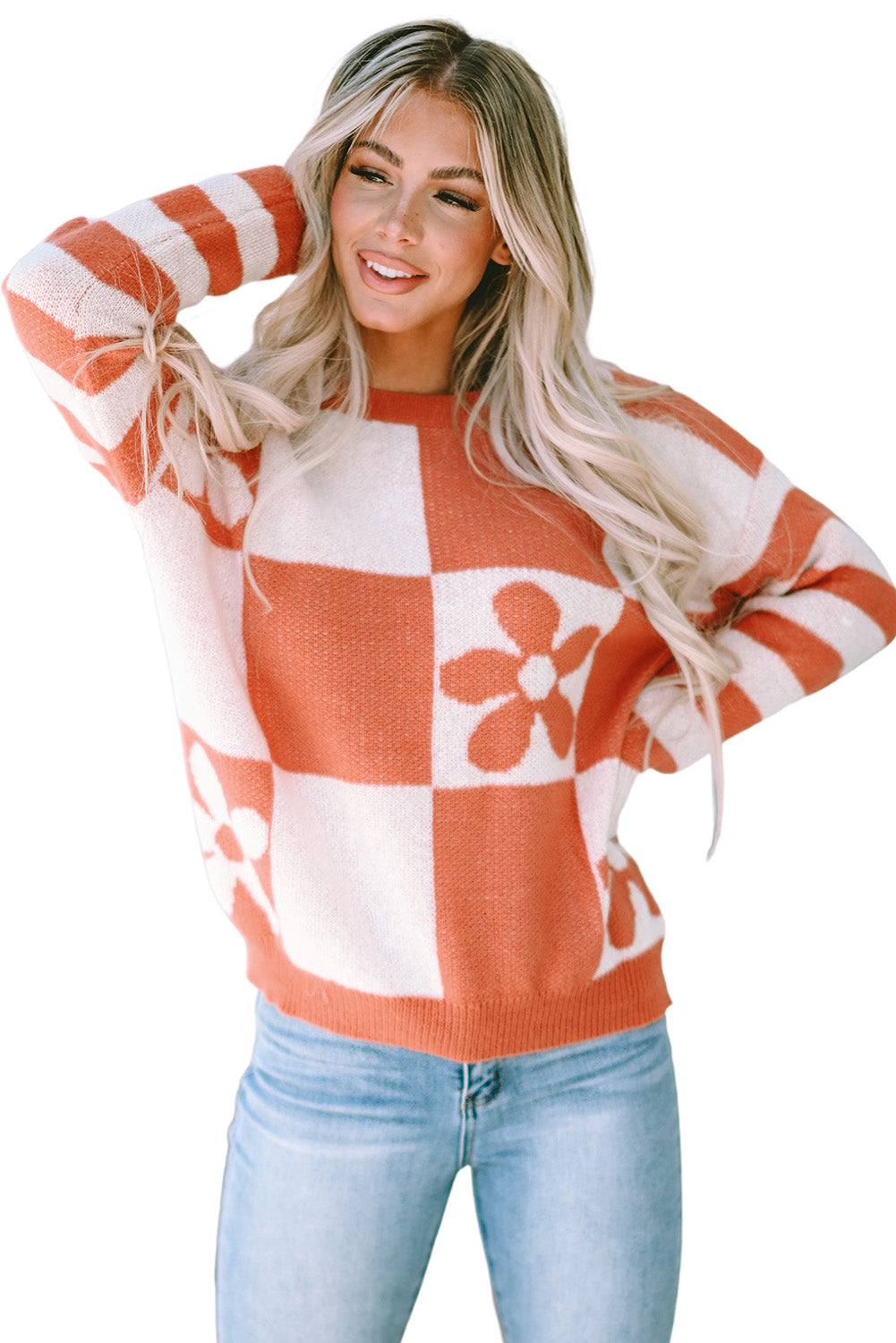 Brown Checkered Floral Print Striped Sleeve Sweater