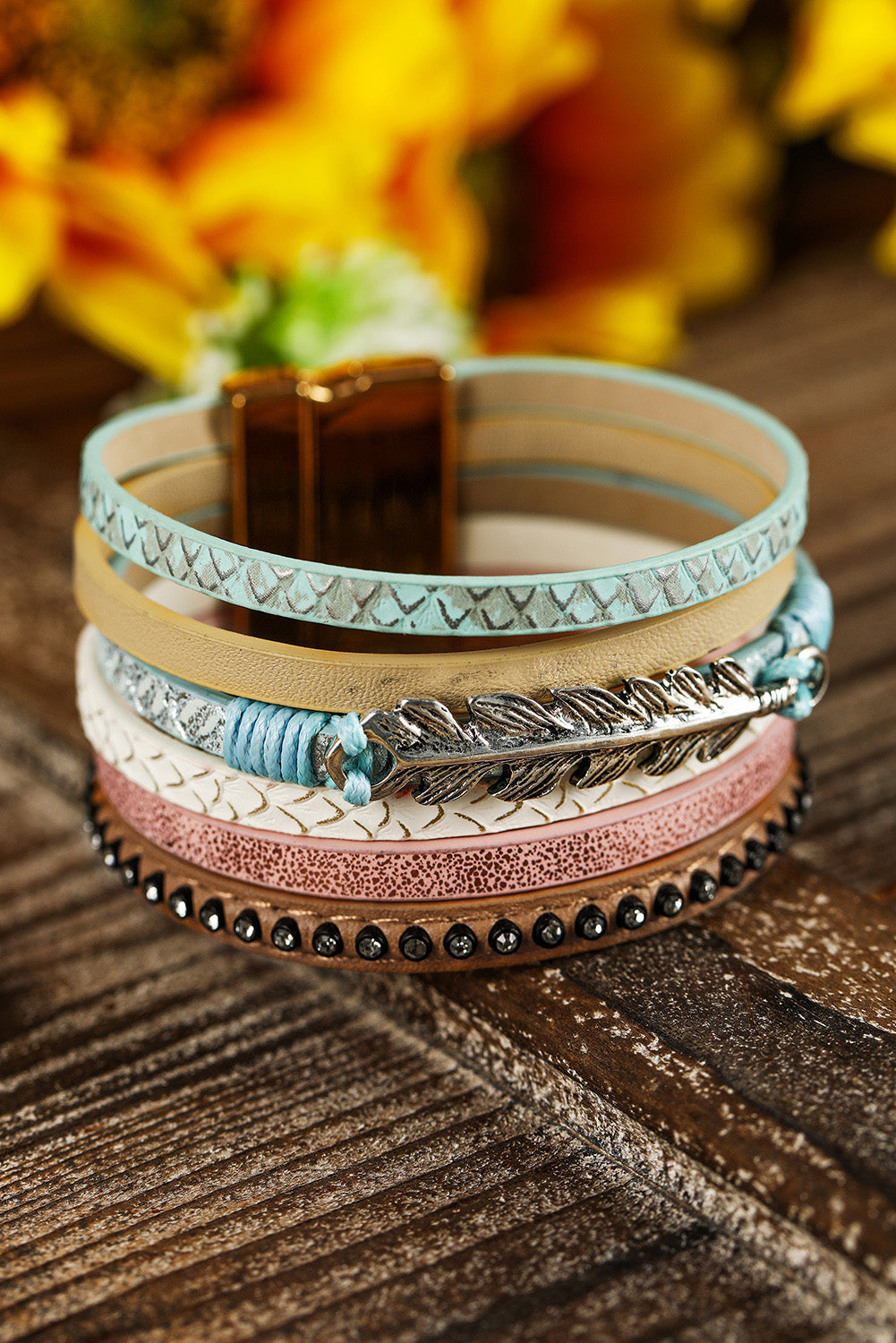 Multicolour Alloy Rhinestone Decor Multi-layer PU Bracelet