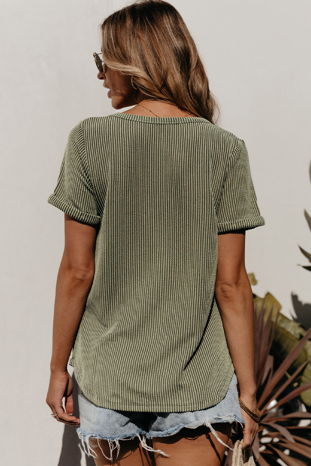 Laurel Green Twist Short Sleeve Corded V Neck Top