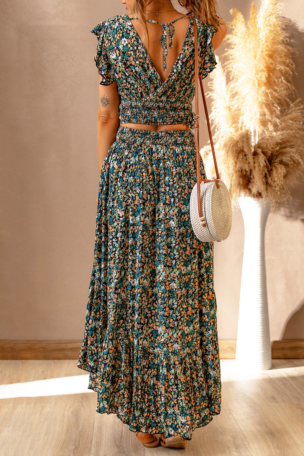 Multicolor Floral Ruffled Crop Top and Maxi Skirt Set