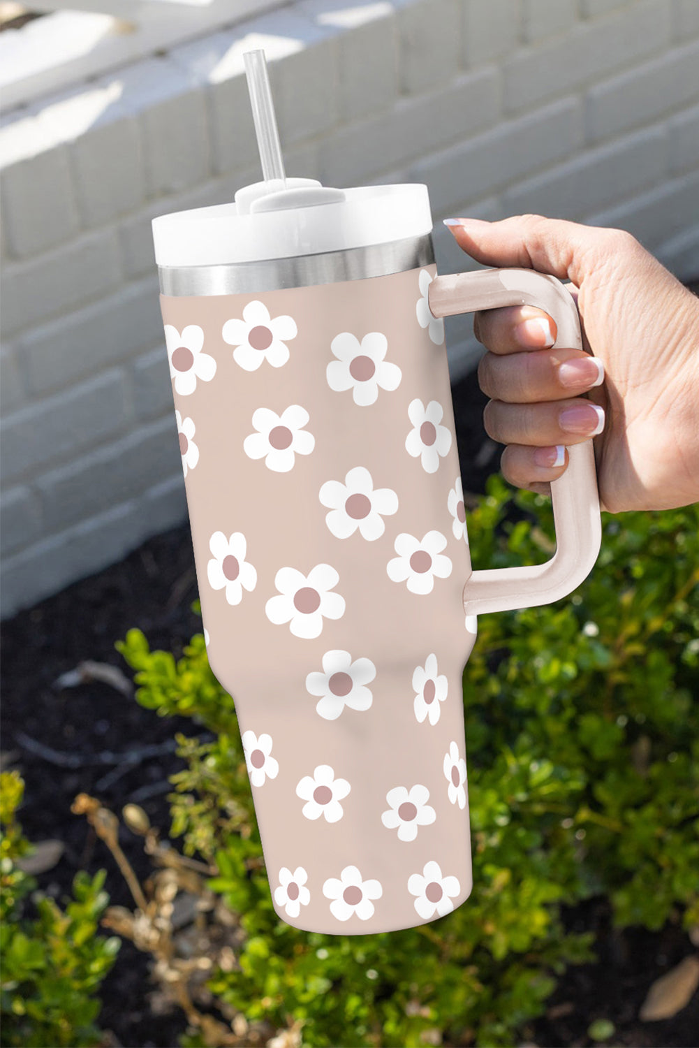 Parchment Floret Print Stainless Tumbler With Lid And Straw