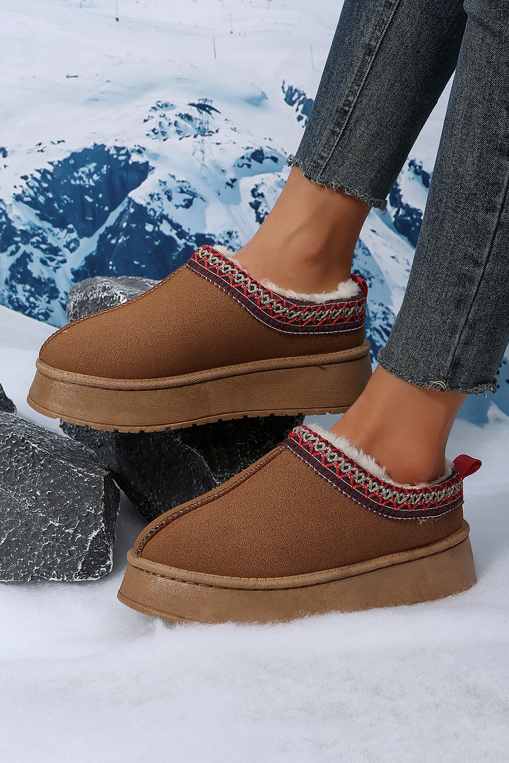 Chestnut Suede Contrast Print Plush Lined Snow Boots