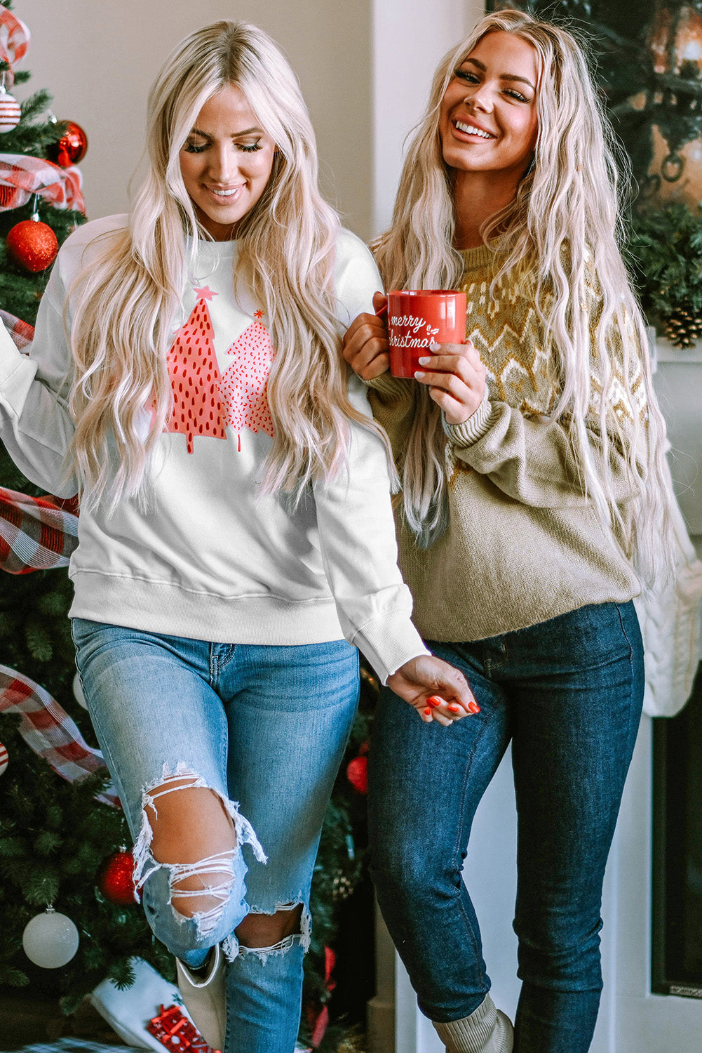 White Christmas Tree Dots Print Pullover Sweatshirt