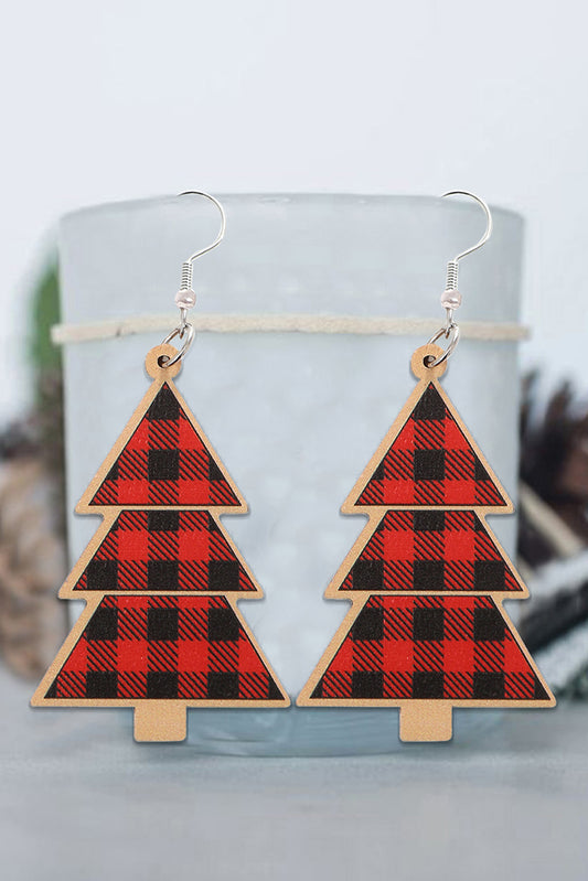 Fiery Red Plaid Christmas Tree Wooden Pendant Earrings