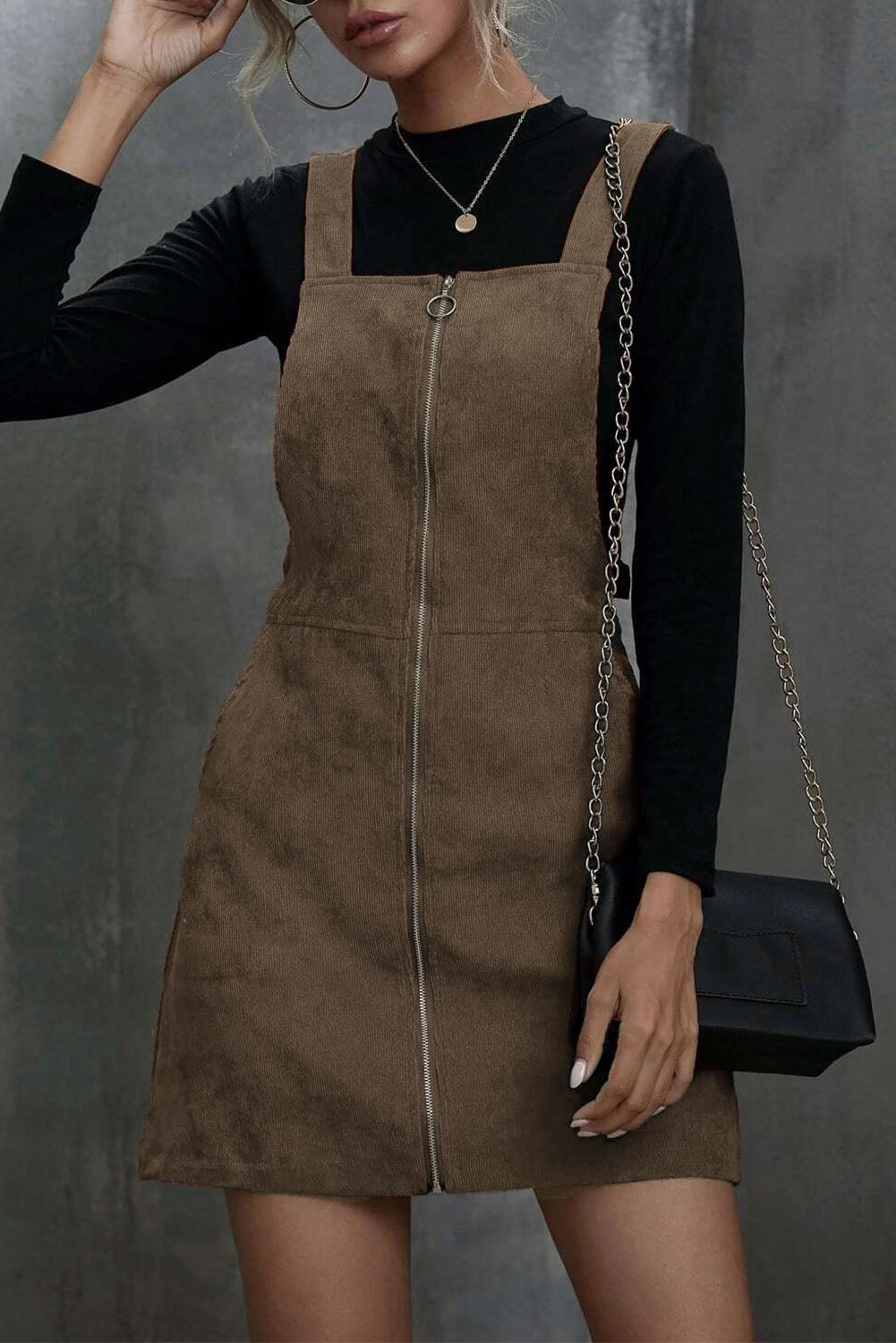 Brown O-ring Zip Up  Pocketed Corduroy Dress