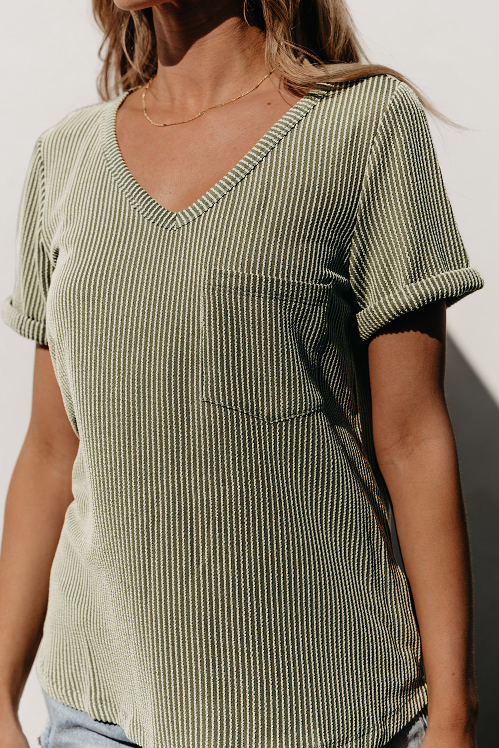 Laurel Green Twist Short Sleeve Corded V Neck Top