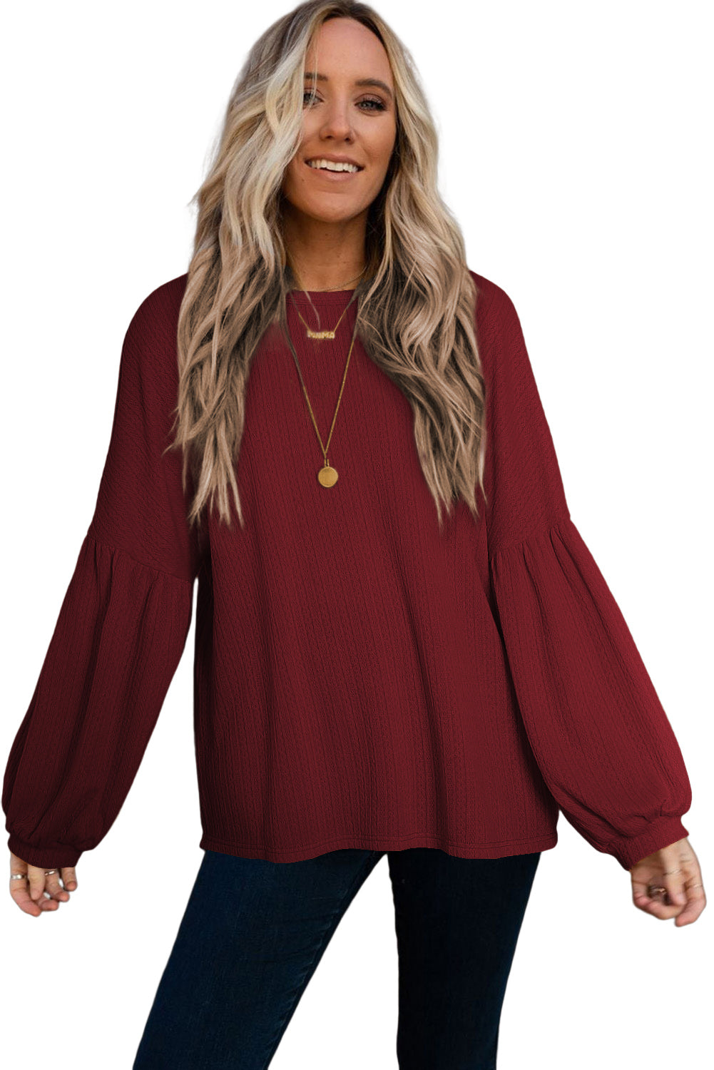 Faux Knit Jacquard Puffy Long Sleeve Top