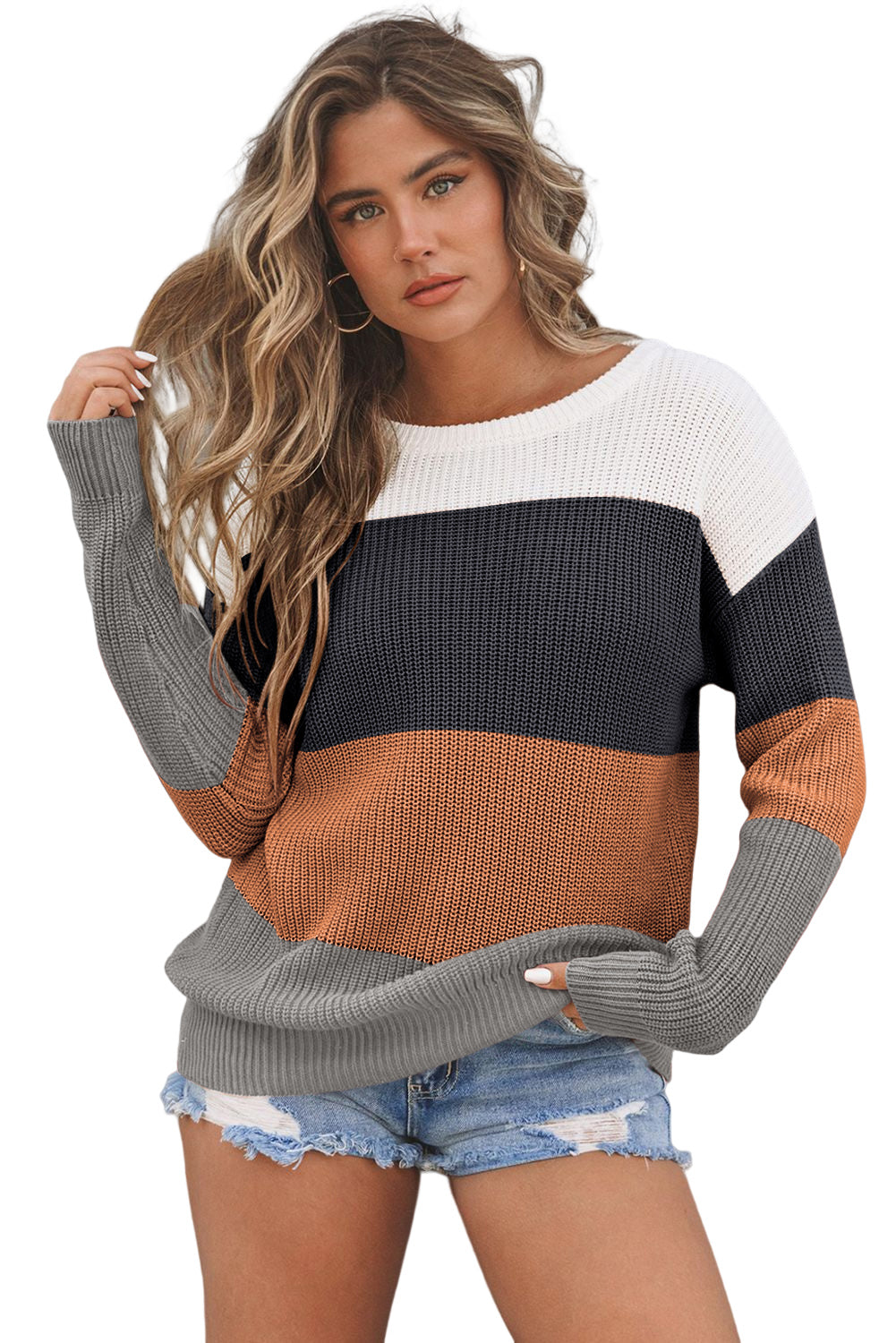 Chestnut Color Block Knitted O-neck Pullover Sweater