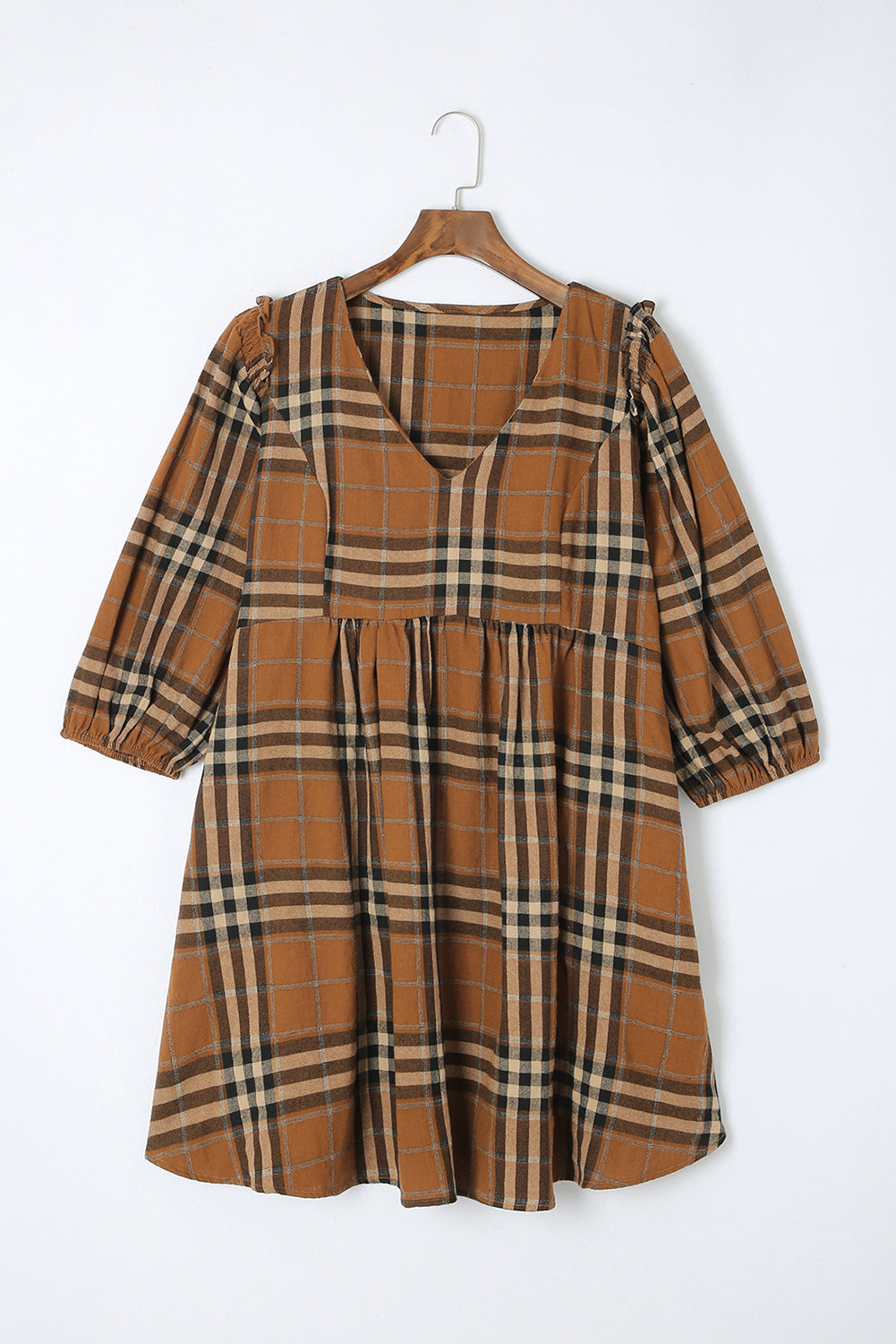 Brown Plaid Pattern Empire Waist Babydoll Dress