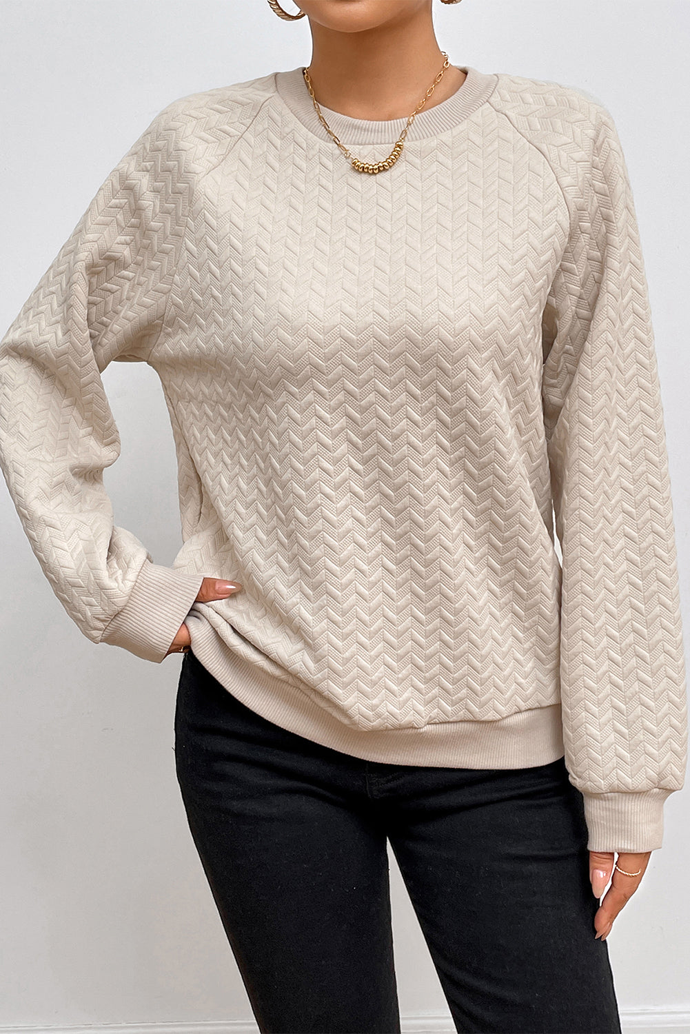 Beige Solid Textured Raglan Sleeve Pullover Sweatshirt