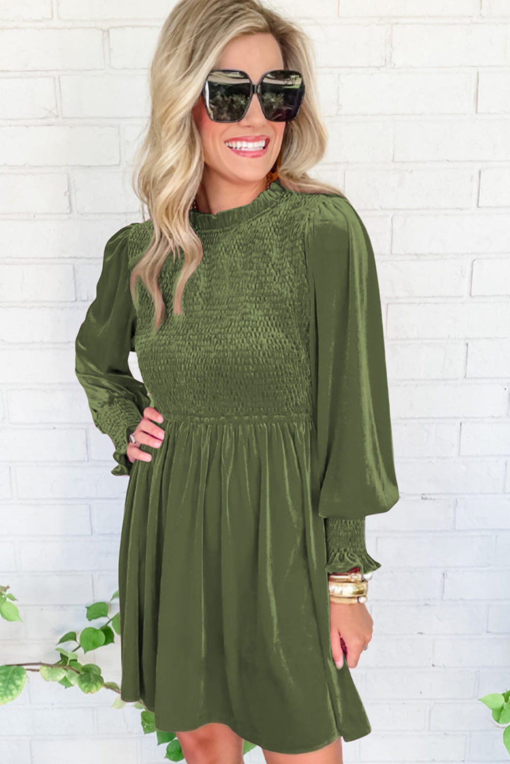 Moss Green Frilled Neck Smocked Bodice Velvet Dress