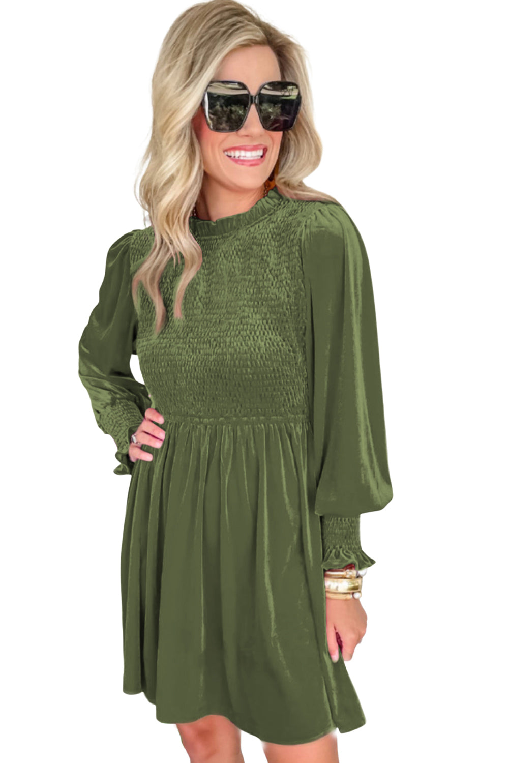 Moss Green Frilled Neck Smocked Bodice Velvet Dress