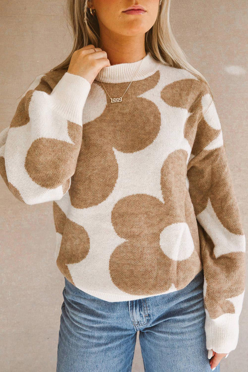 Khaki Big Flower Pattern Drop Shoulder Sweater