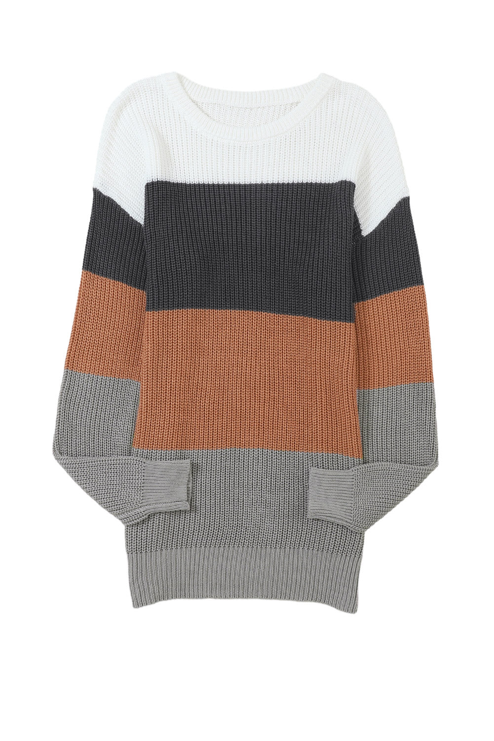 Chestnut Color Block Knitted O-neck Pullover Sweater