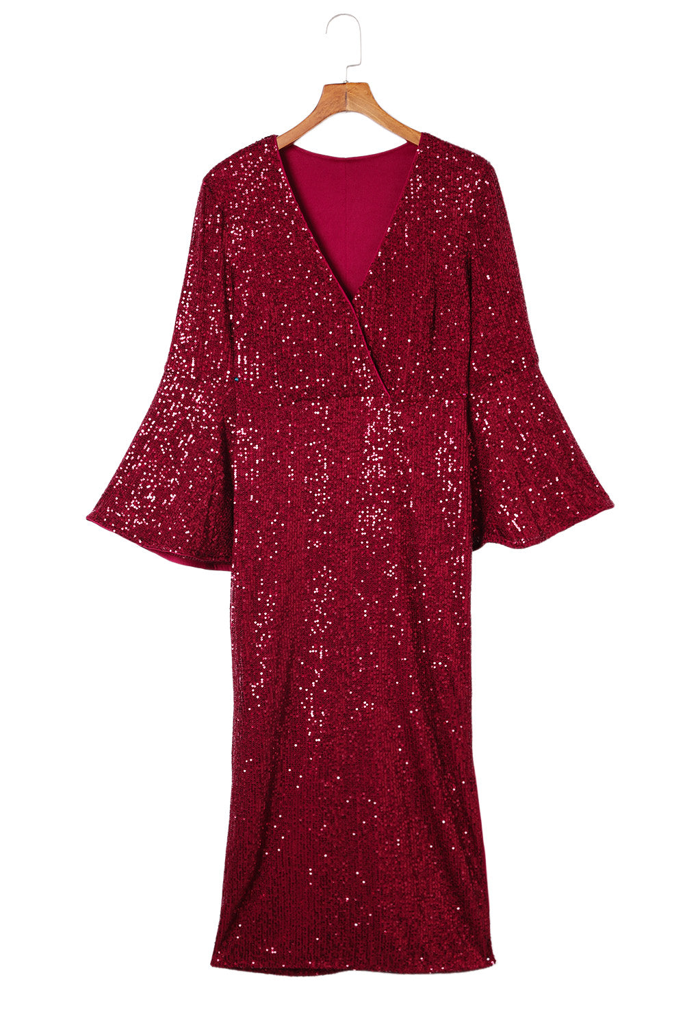 Red Deep V Neck Bell Sleeve Sequin Dress