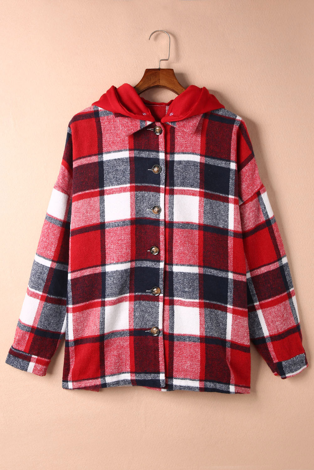 Fiery Red Hooded Plaid Button Front Shacket