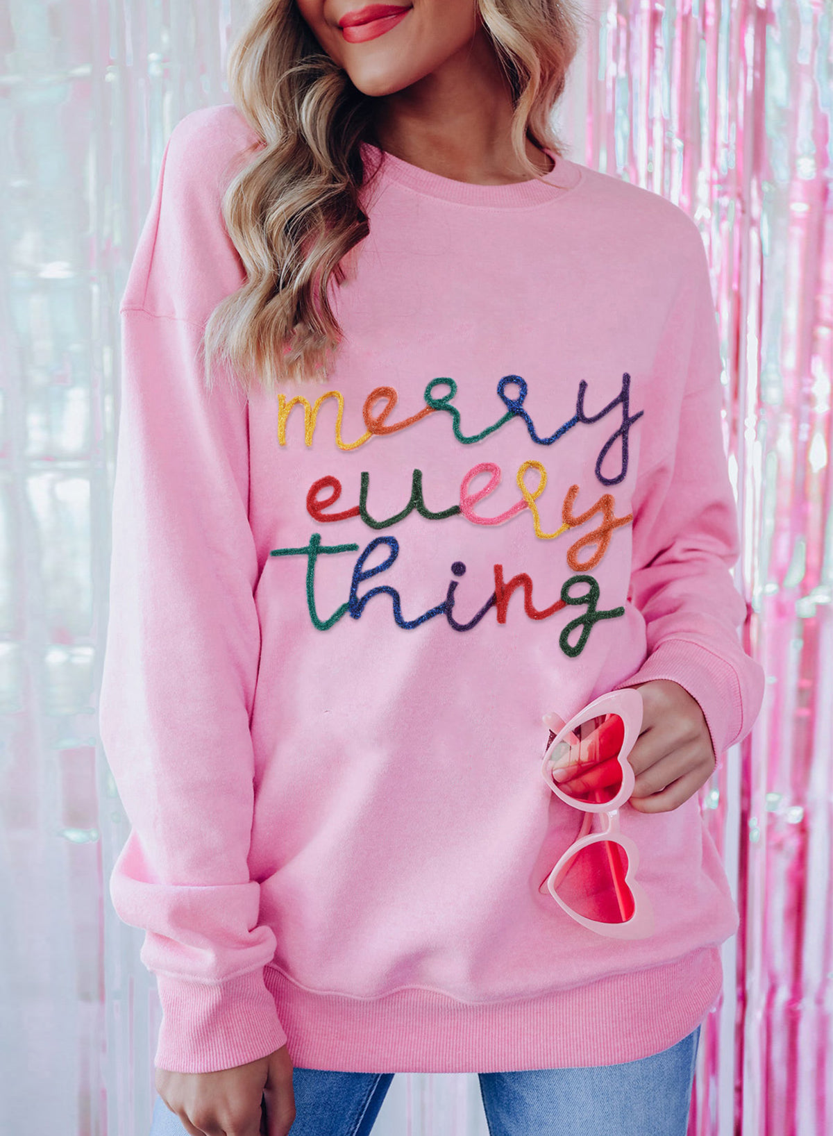 Peach Blossom Merry Every Thing Glitter Slogan Sweatshirt