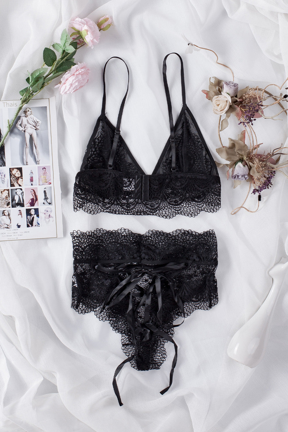 Strappy Lace Bralette High Waist Lace Up Panty Set