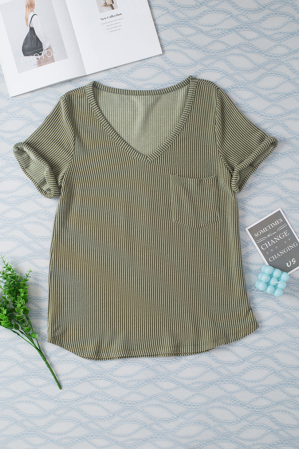 Laurel Green Twist Short Sleeve Corded V Neck Top