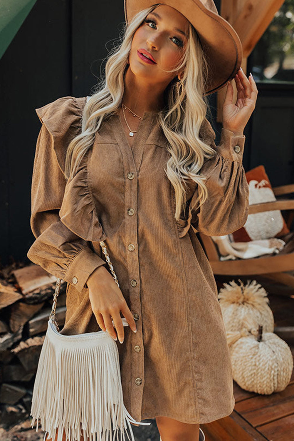 Camel Ruffle Trim Puff Sleeve Corduroy Shirt Dress