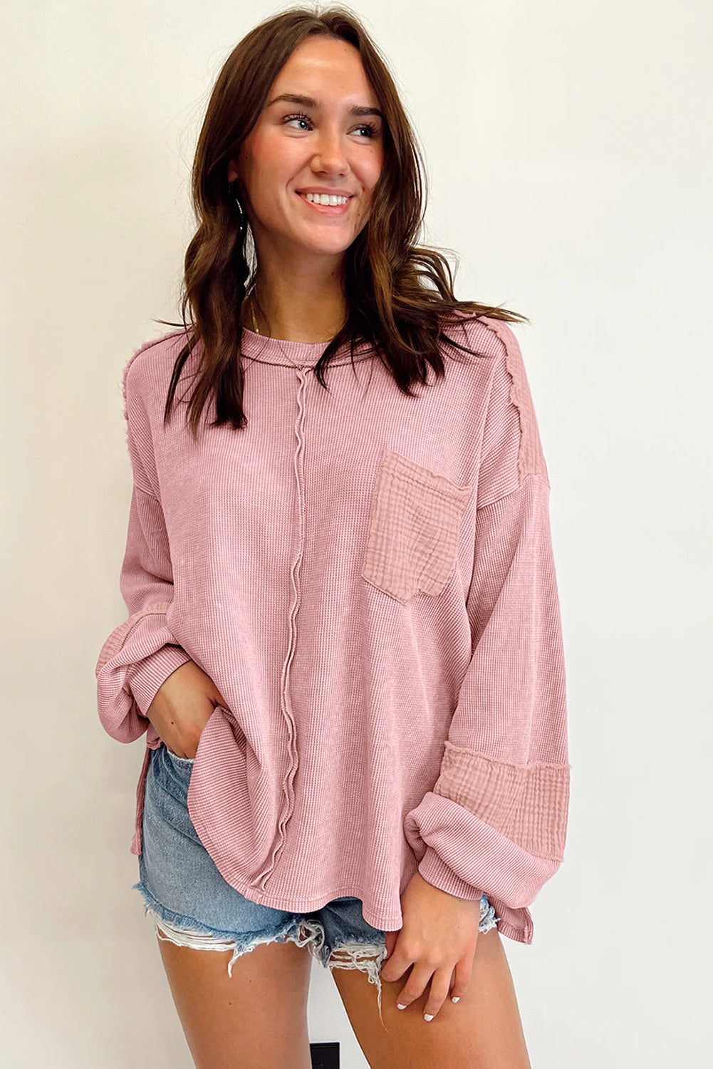 Pink Exposed Seam Patchwork Bubble Sleeve Waffle Knit Top