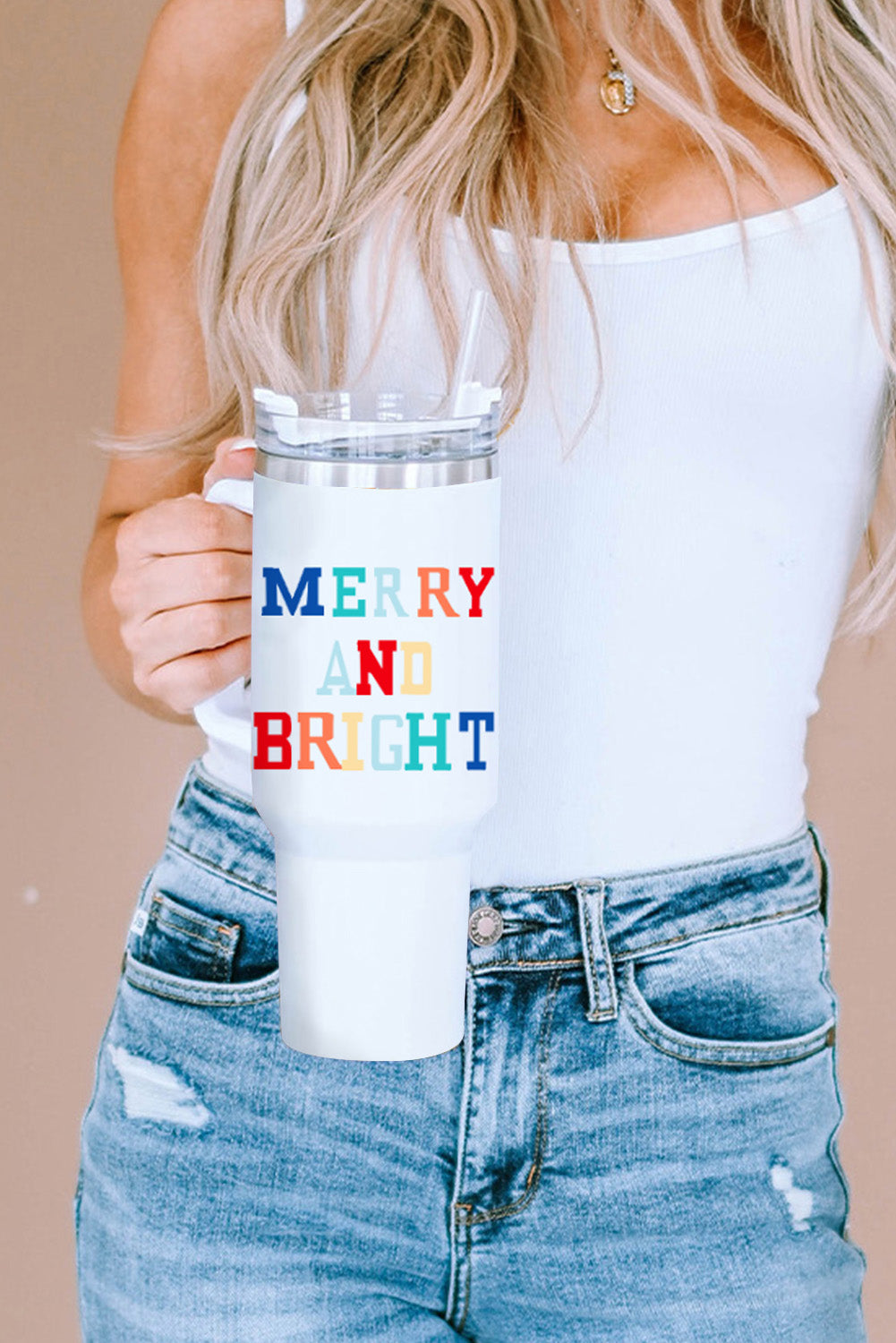 White Colorful MERRY AND BRIGHT Stainless Steel Vacuum Cup