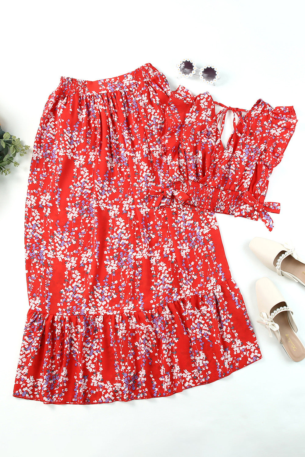 Fiery Red Multicolor Floral Ruffled Crop Top and Maxi Skirt Set