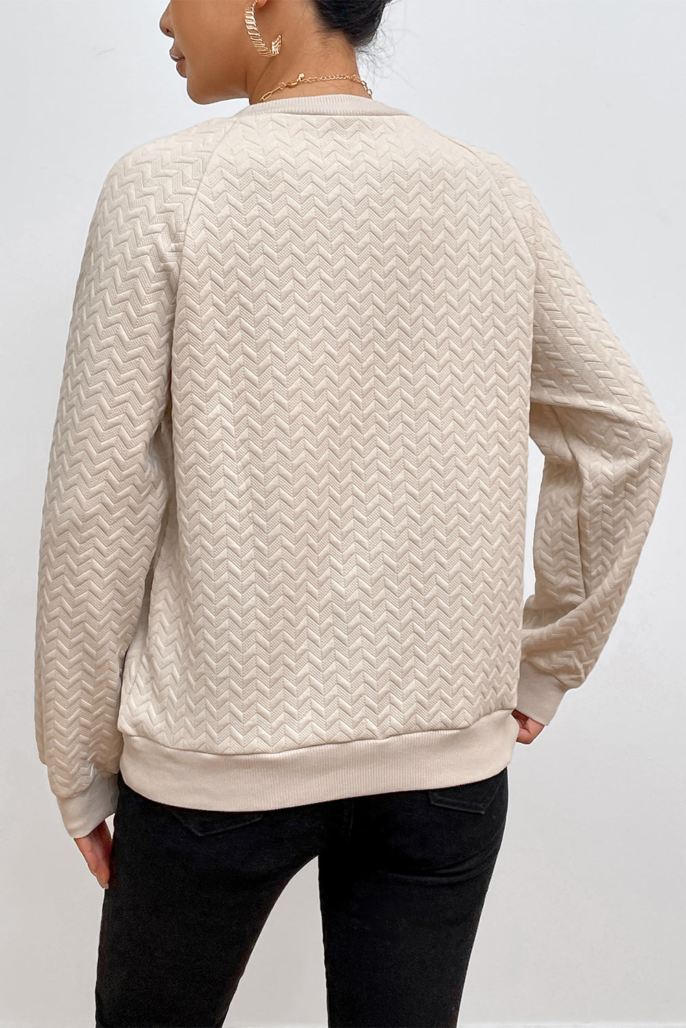 Beige Solid Textured Raglan Sleeve Pullover Sweatshirt