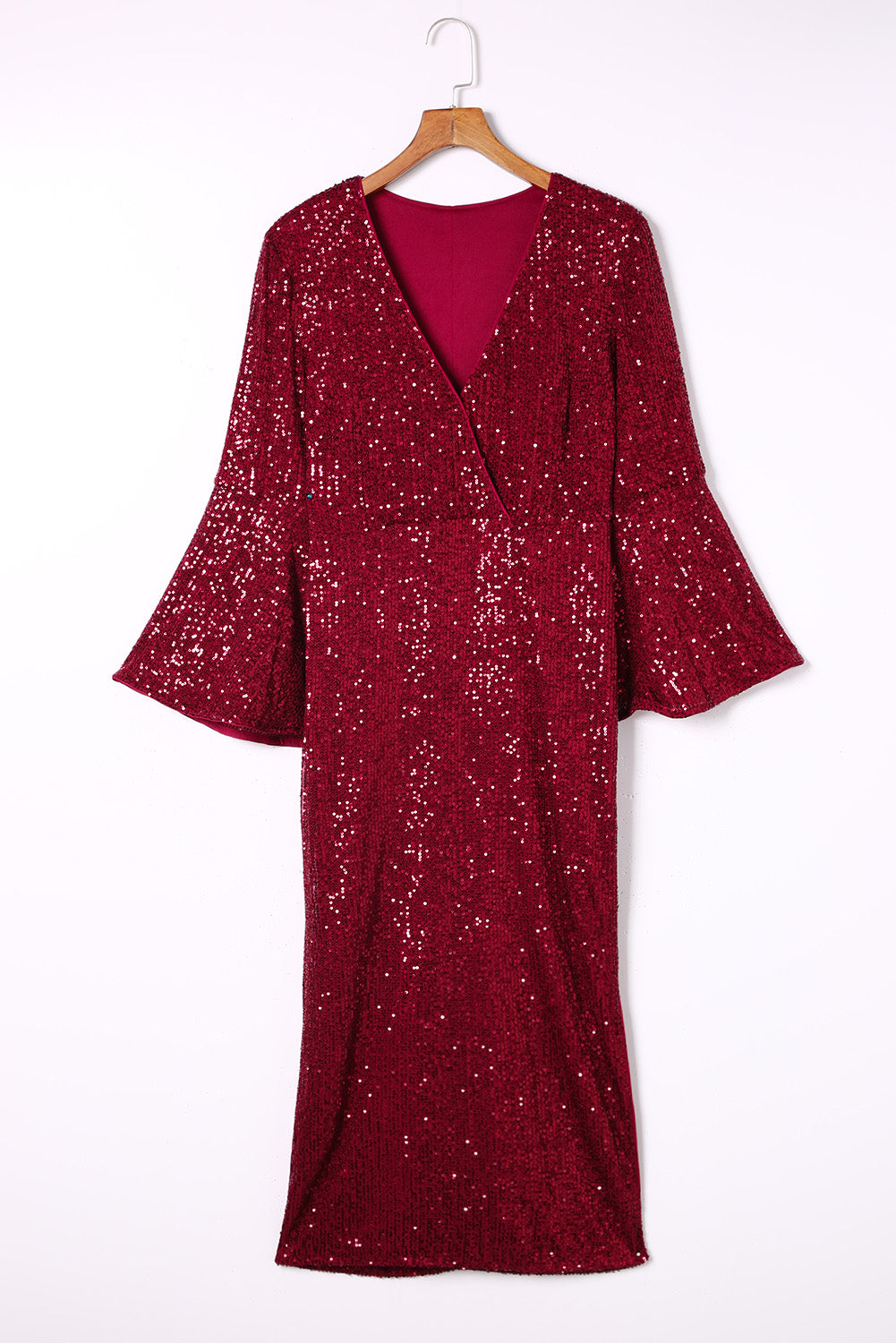 Red Deep V Neck Bell Sleeve Sequin Dress