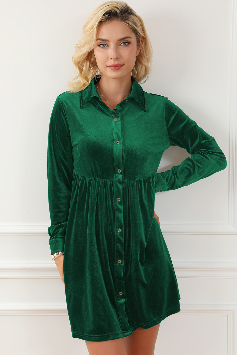 Green Long Sleeve Ruffle Velvet Button Up Dress