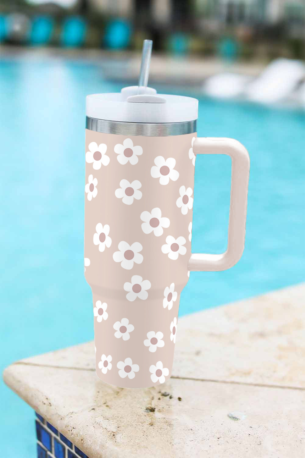 Parchment Floret Print Stainless Tumbler With Lid And Straw