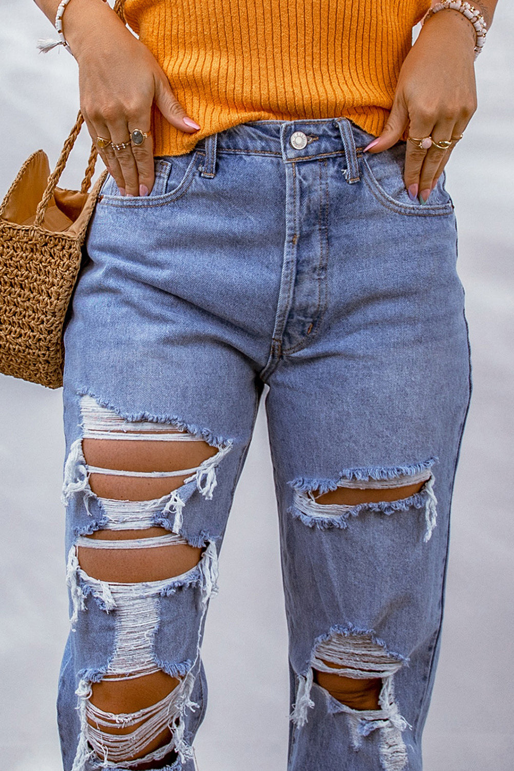 Sky Blue Heavy Destroyed Big Hole Boyfriend Jeans