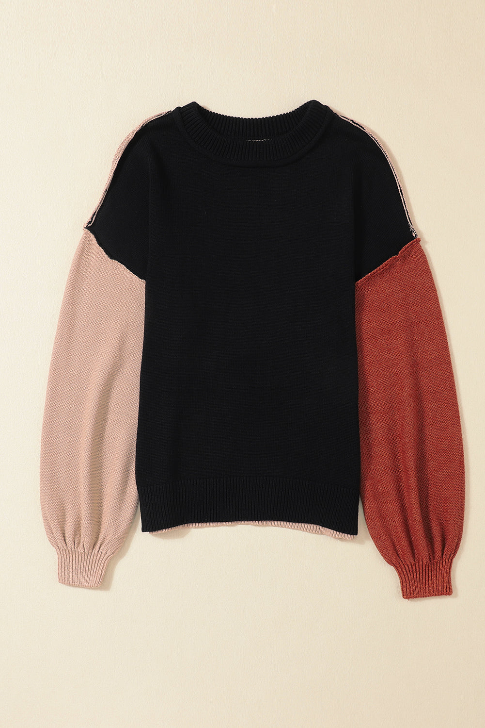 Black Colorblock Bishop Sleeve Ribbed Trim Sweater