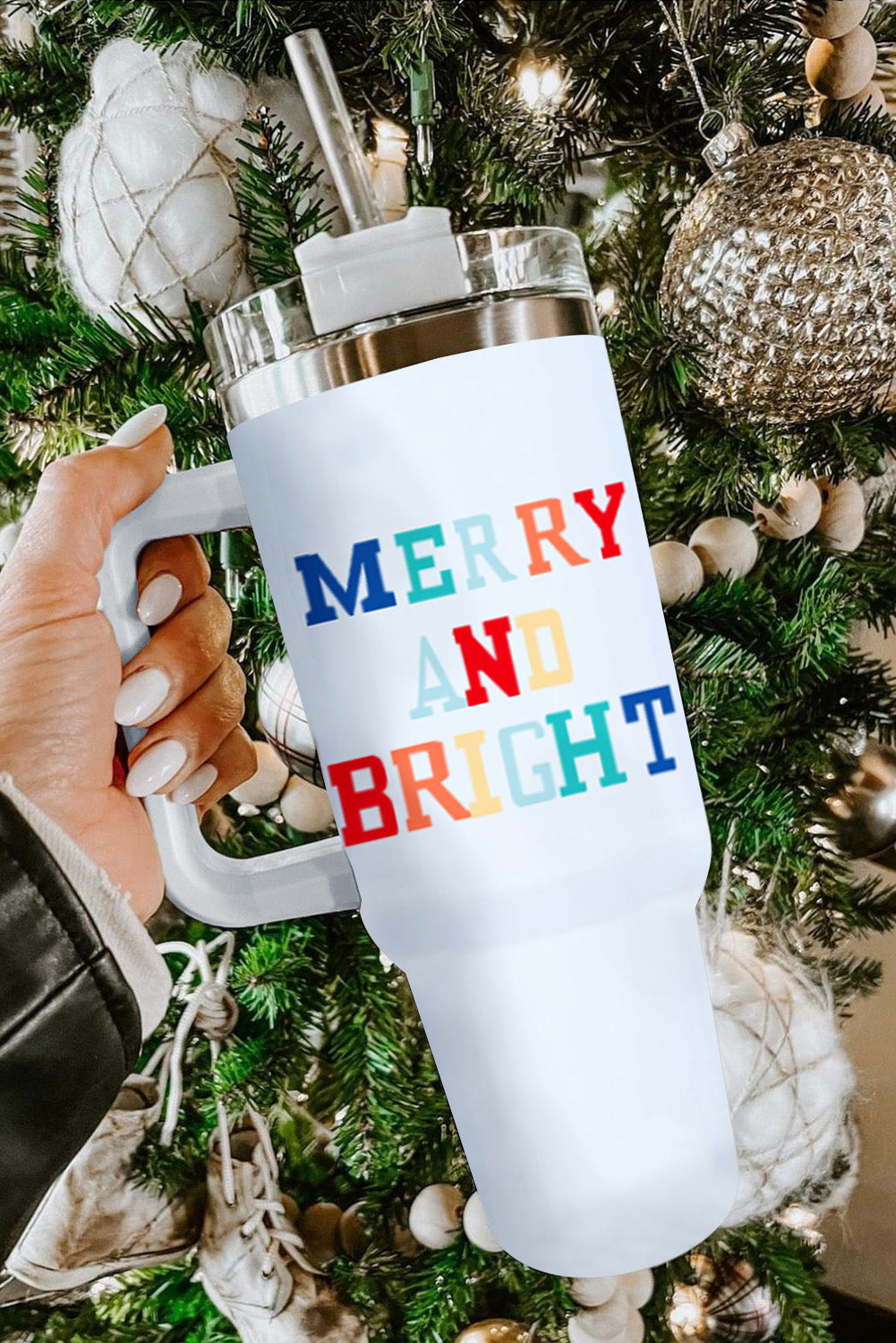 White Colorful MERRY AND BRIGHT Stainless Steel Vacuum Cup